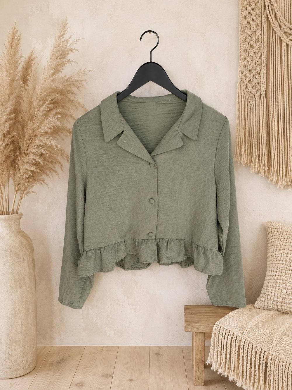 Olive Ruffle-Hem Button Front Shirt
